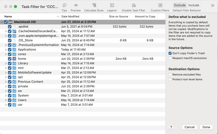 Configuring the Task Filter in Carbon Copy Cloner